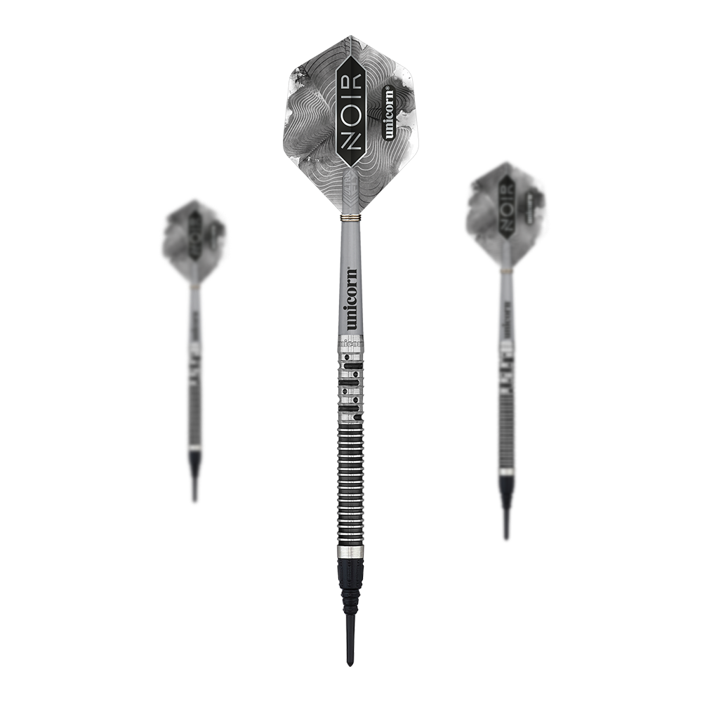 Das Bild zeigt drei Softdarts der Marke „Unicorn Noir Gary Anderson Phase 5“. Die Darts haben ein elegantes, silber-schwarzes Design mit dem Schriftzug „NOIR“ auf den Flights.